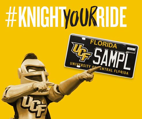 UCF License Plate: Knigthro pointing at new ucf license plate with gold background and #knightyourride