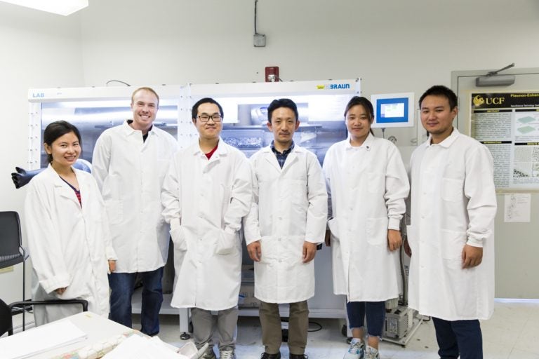 Lab Researchers Zhao Li, Kyle Marcus, Kun Liang, Assistant Professor Yang Yang, Guanzhi Wang and Wenhan Niu are developing new energy technologies.