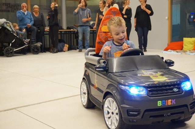 Briek Torresan, 6, test driving his first Go Baby Go! car at Vives University College yesterday.