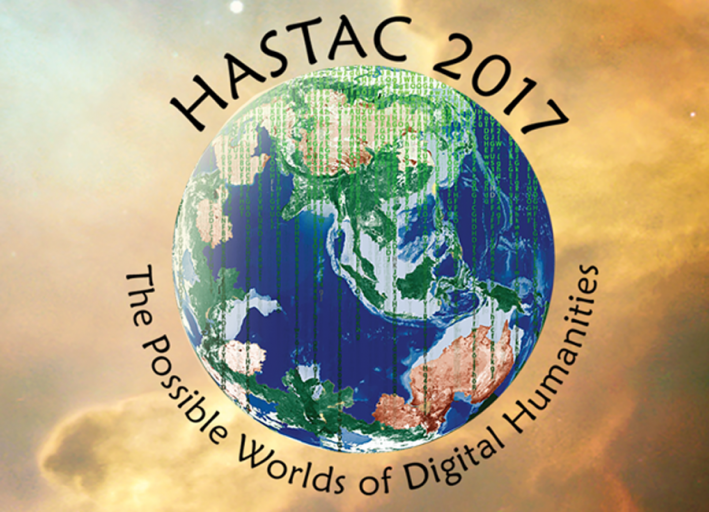 hastac logo, globe with black words written in arching shape around the world.