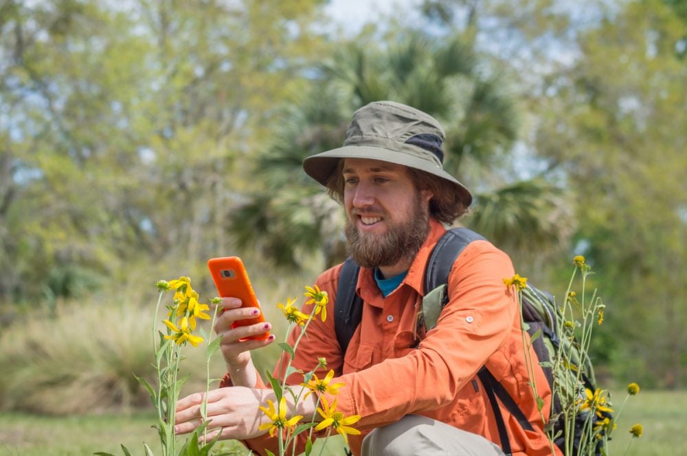 man with orange long sleeve shirt, brown backpack and tan hat kneeling down taking a picture of bees on his cell phone