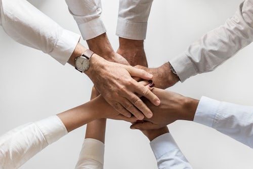 Hands of team members stacked in center