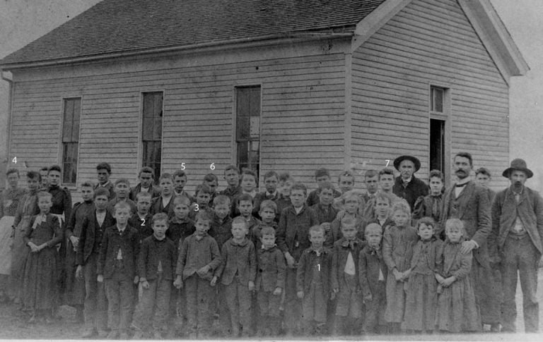 old photo of children outside school
