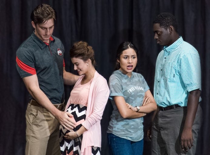 Matthew Buckalew, Riley McDonald, Ana Zambrana and Oliver Flowers in 'Human Error.' (Photo by Hannah Estes)