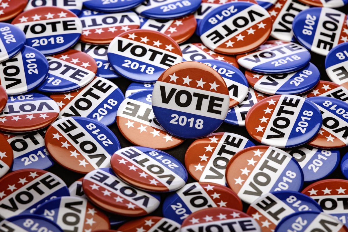 Photo of patriotic voting buttons for the mid term election.