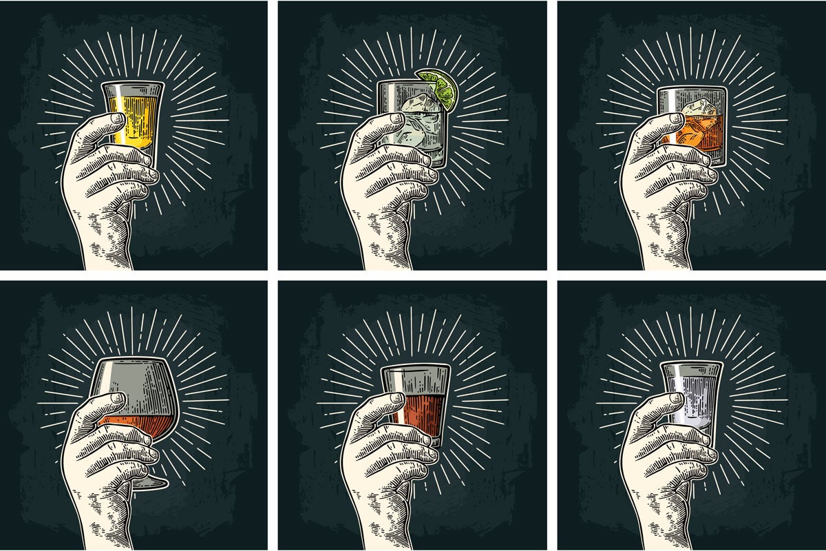 black and white chalk illustration of six hands holding six different glasses of beverages