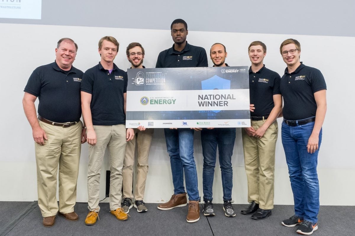 UCF Collegiate Cyber Defense Team: Coach Tom Nedorost; graduate student Austin Sturm; seniors Andrew Hughes, Matthew St. Hubin and David Maria; and juniors Michael Roberts and Martin Roberts (Photo by Argonne National Laboratory)