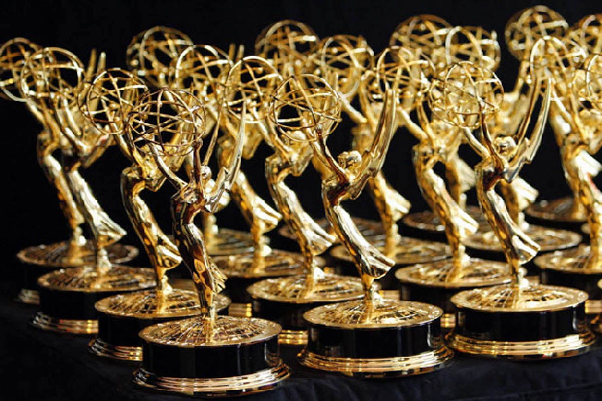 Multiple Emmy awards in multiple rows.