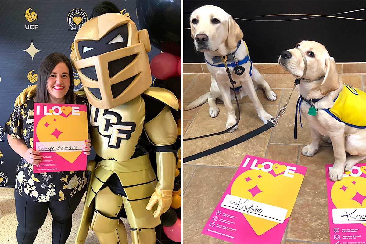 Woman holds sign with yellow heart and stands next to Knightro; two dogs pose