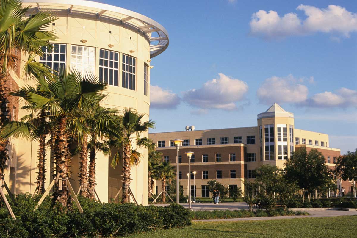 Two buildings with palm tree landscaping