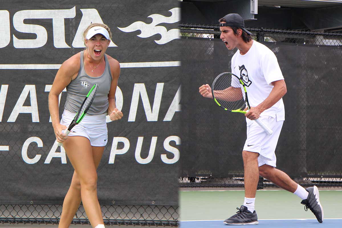 Male and female tennis players clench fist and racket in celebration