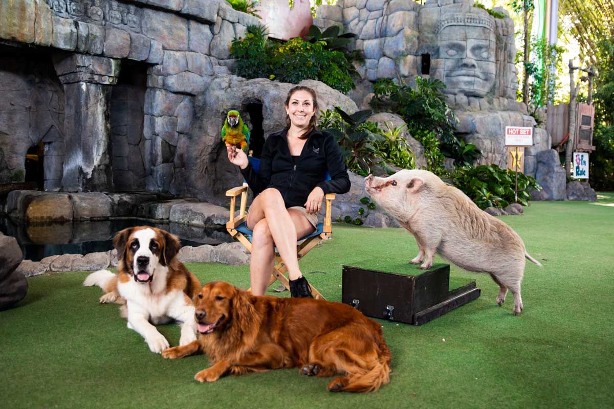 Woman sits in director chair with two dogs, pig and parrot surrounding her