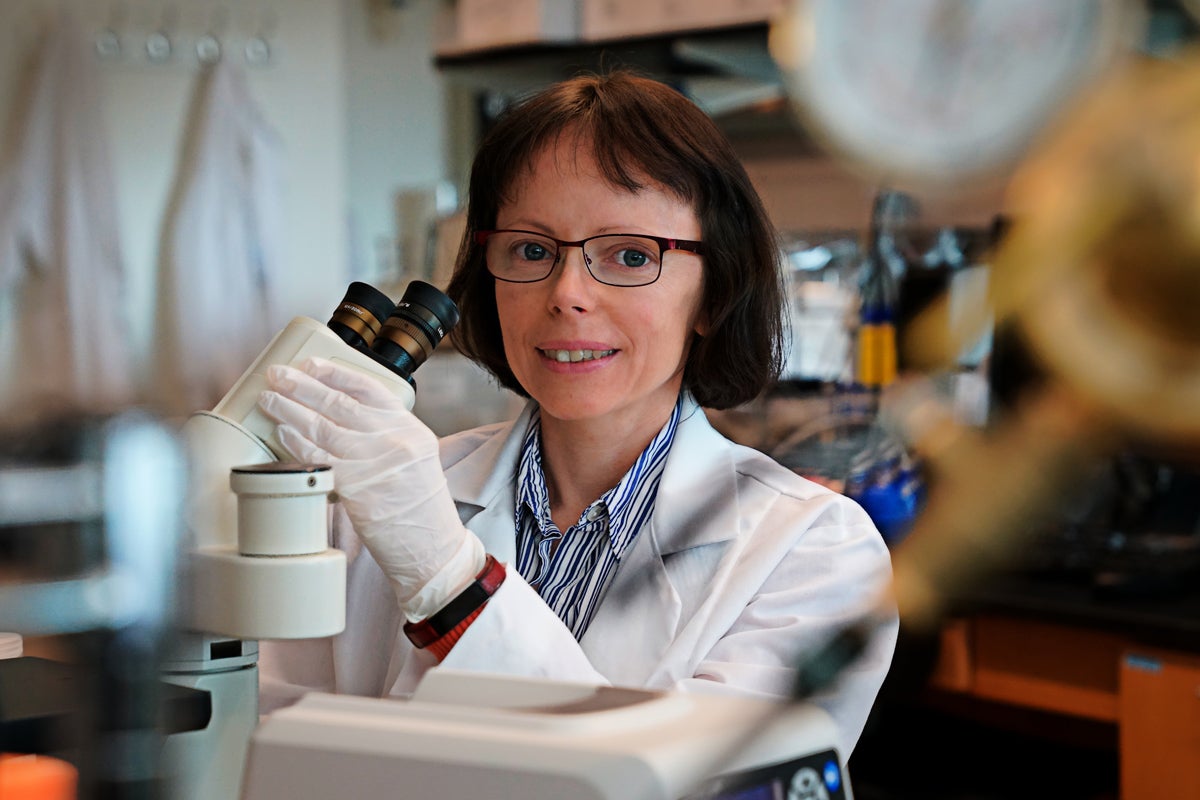 Woman in glasses with short brown hair wears lab coat and holds microscope