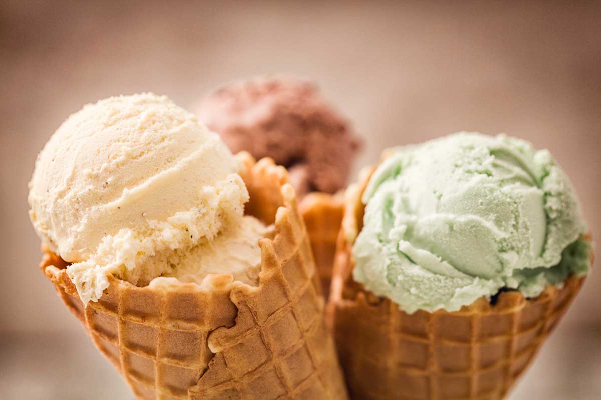 three waffle ice cream cones