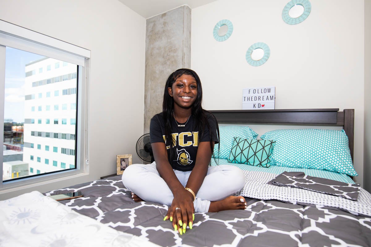 Student Khadesha Galloway in her new residence at UnionWest