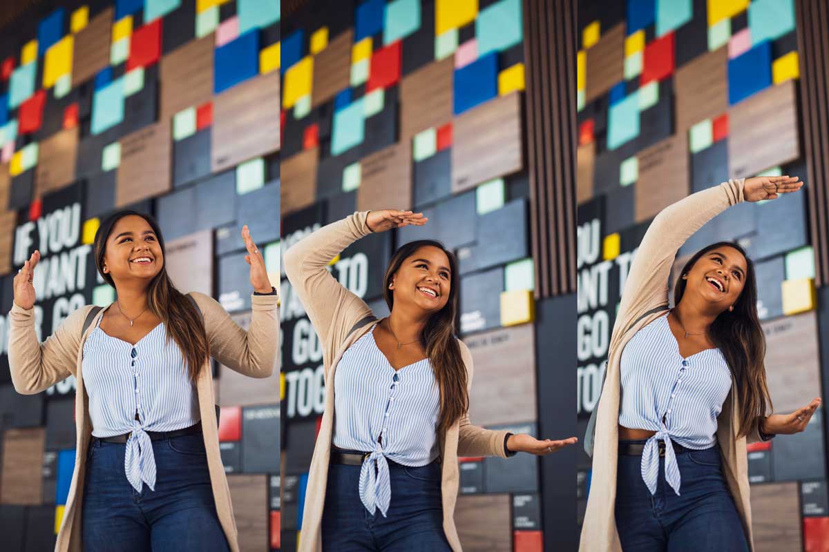 three photos stitched together with woman using hand gestures to spell U-C-F