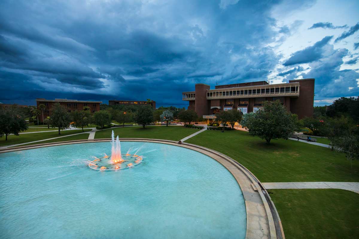 UCF's Refecting Pond and Library on a stormy day