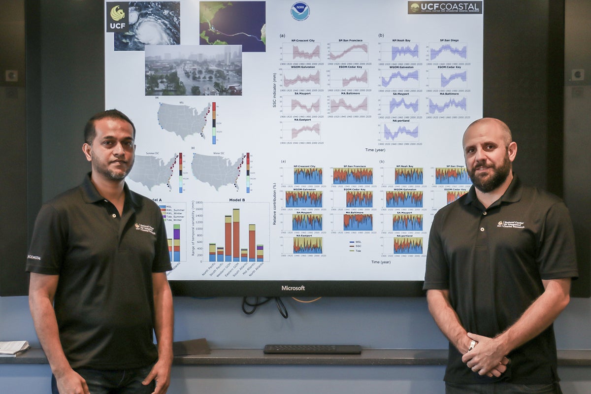 University of Central Florida coastal researchers Thomas Wahl and Mamunur Rashid display data from their extreme sea level indicator study