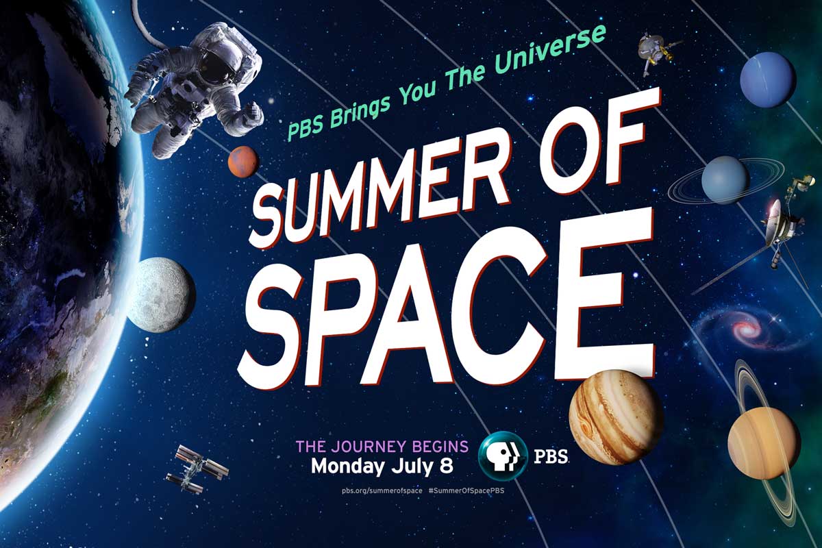 Graphic of astronaut in outer space with bold white text that reads Summer of Space