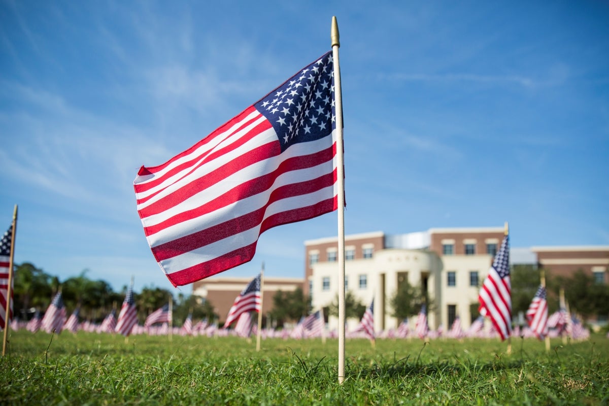 An American flag on UCF's Memory Mall
