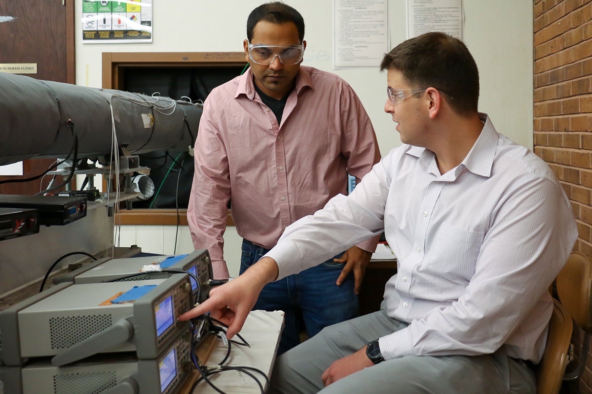 UCF researchers Subith Vasu and Samuel Barak working in the lab.