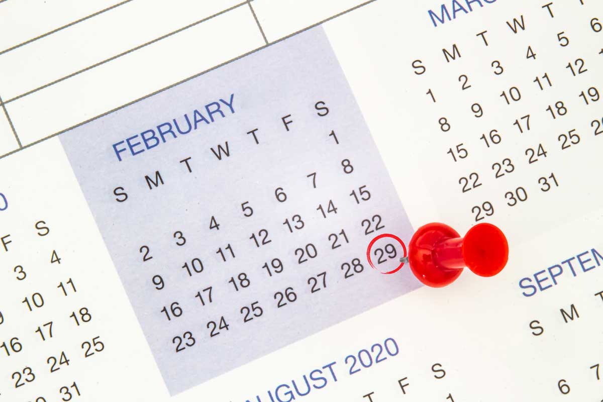 calendar of February with the date 29 circled in red ink