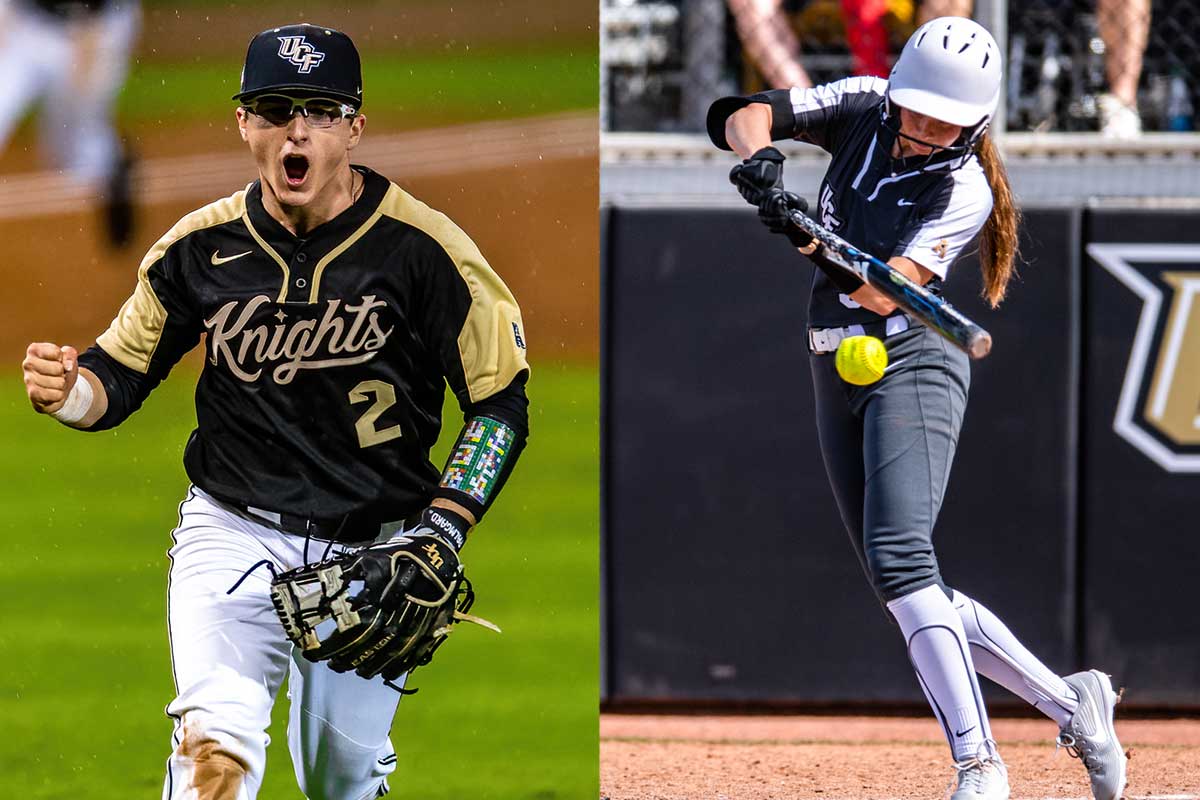 split image of UCF baseball player fist pumping while running and UCF softball player at bat