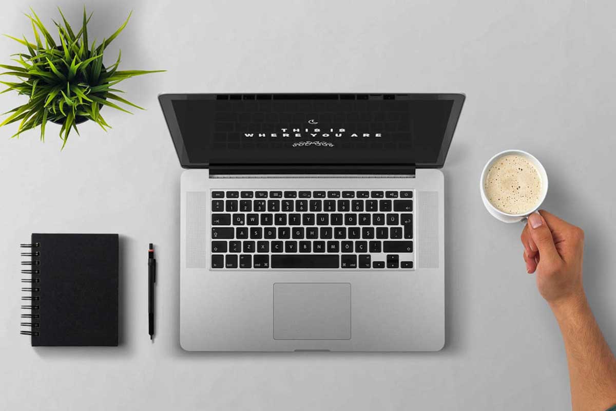 overhead view of laptop, small plant, notepad and pen and arm holding coffee mug