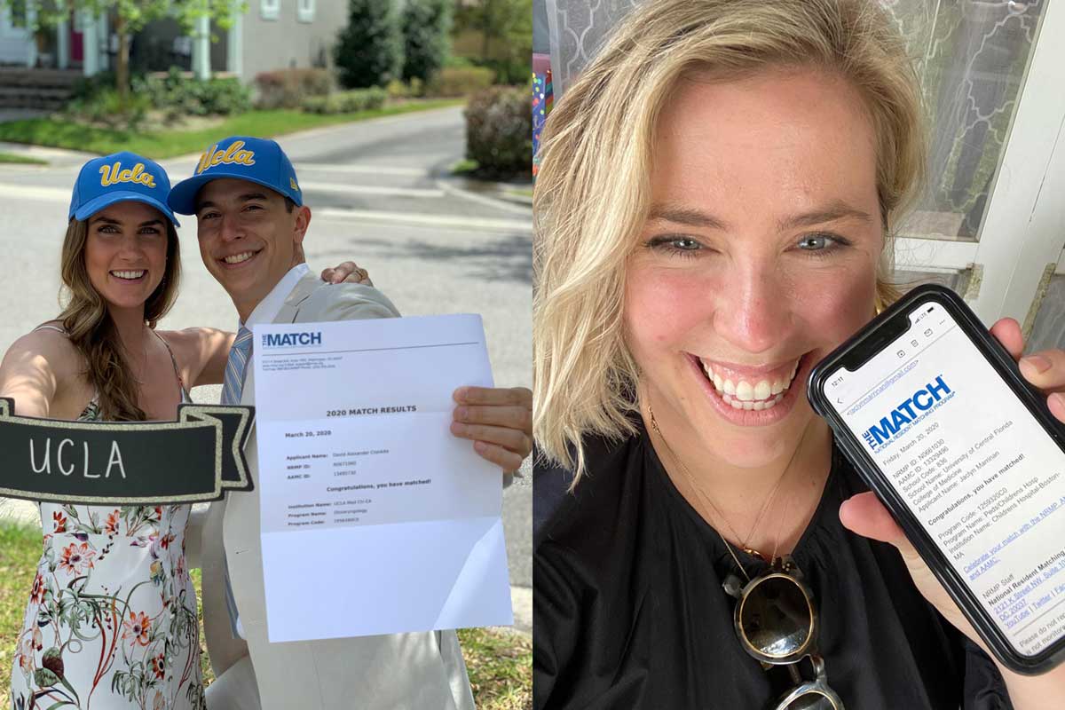 collage: left photo shows man and woman wearing UCLA baseball hats holding up Match letter; right shows blonde woman holding cell phone screen showing Match email