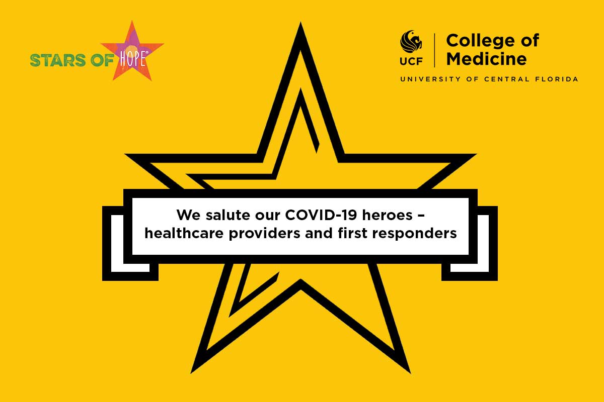 yellow graphic with star: we salute our COVID heroes