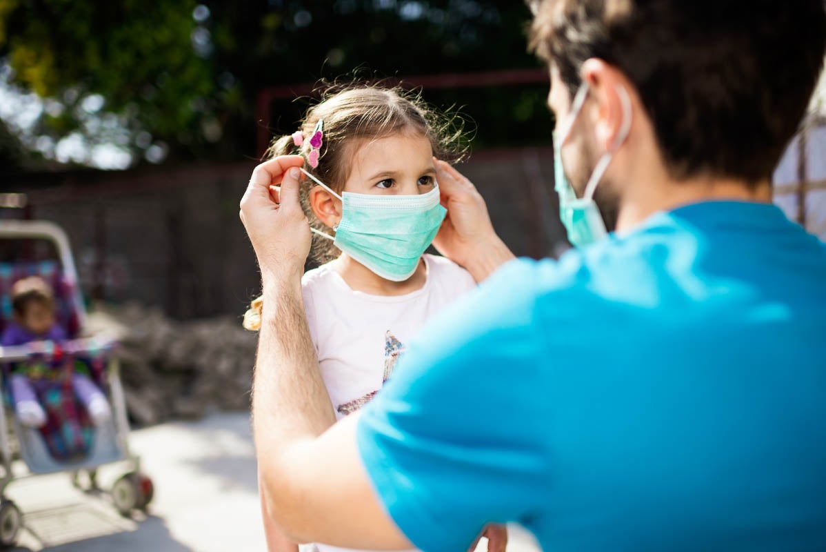 Father putting a mask on his daughter.