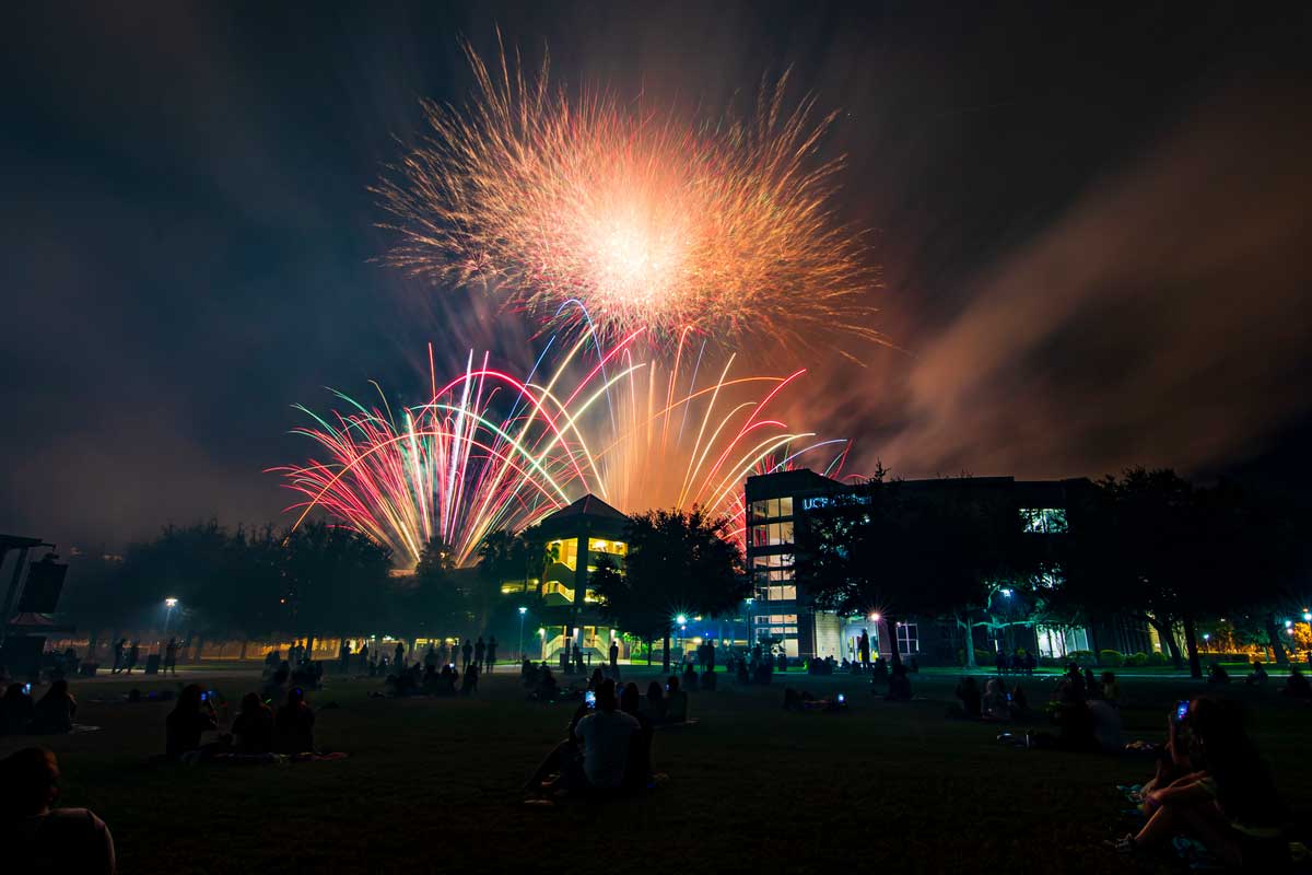 fireworks over parking garage on UCF campus