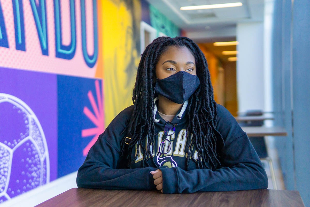 Oneisha Eugene wears a mask while inside a building on the UCF Downtown campus