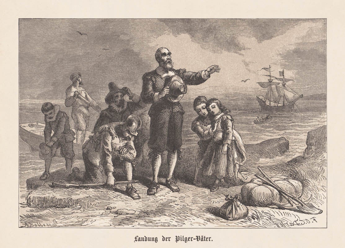 Embarkation of the Pilgrim Fathers in America, 1620. Wood engraving after a drawing by Felix Darley (American illustrator and engraver, 1824 - 1888), engraved by Albert (Alfred) Bobbett (American engraver, 1813 - 1888), published in 1876.