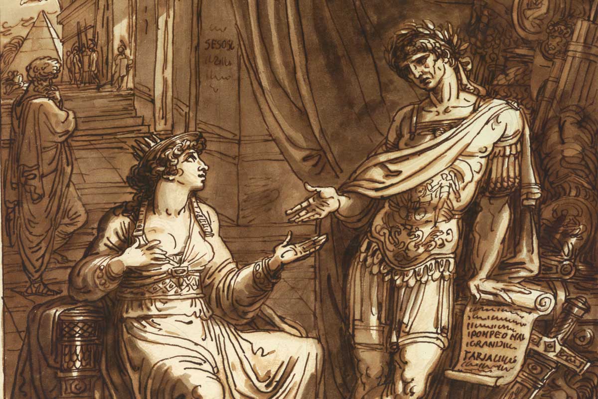 Drawing of Cleopatra sitting down as Julius Caesar leans on a wall next to her