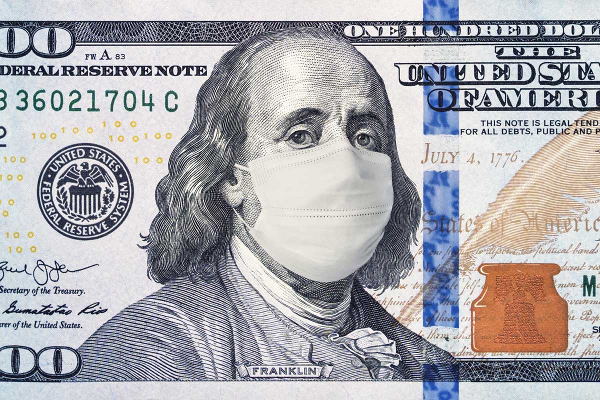 Ben Franklin with a face mask on the $100 bill