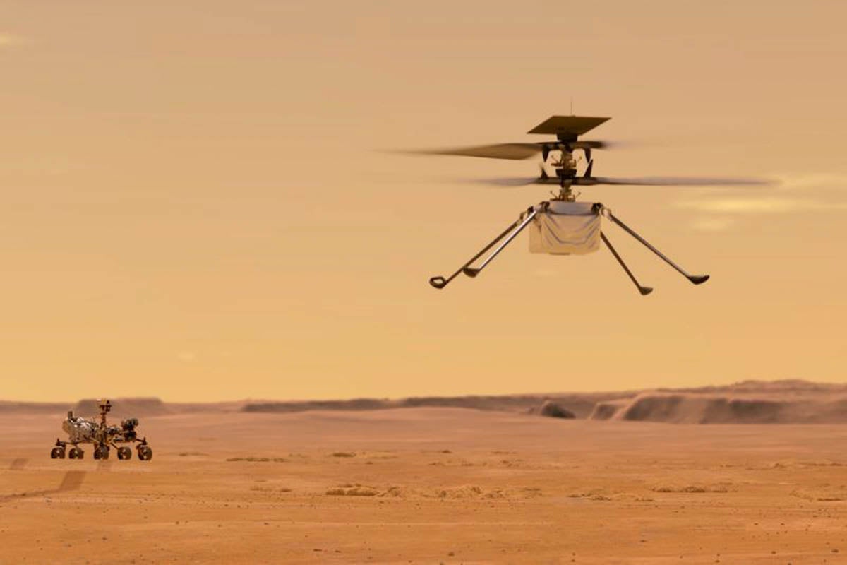 This artist's depiction shows the flight of the Ingenuity helicopter on Mars, a historic milestone that will mark an attempt to demonstrate flight on another planet. (Photo courtesy of NASA).
