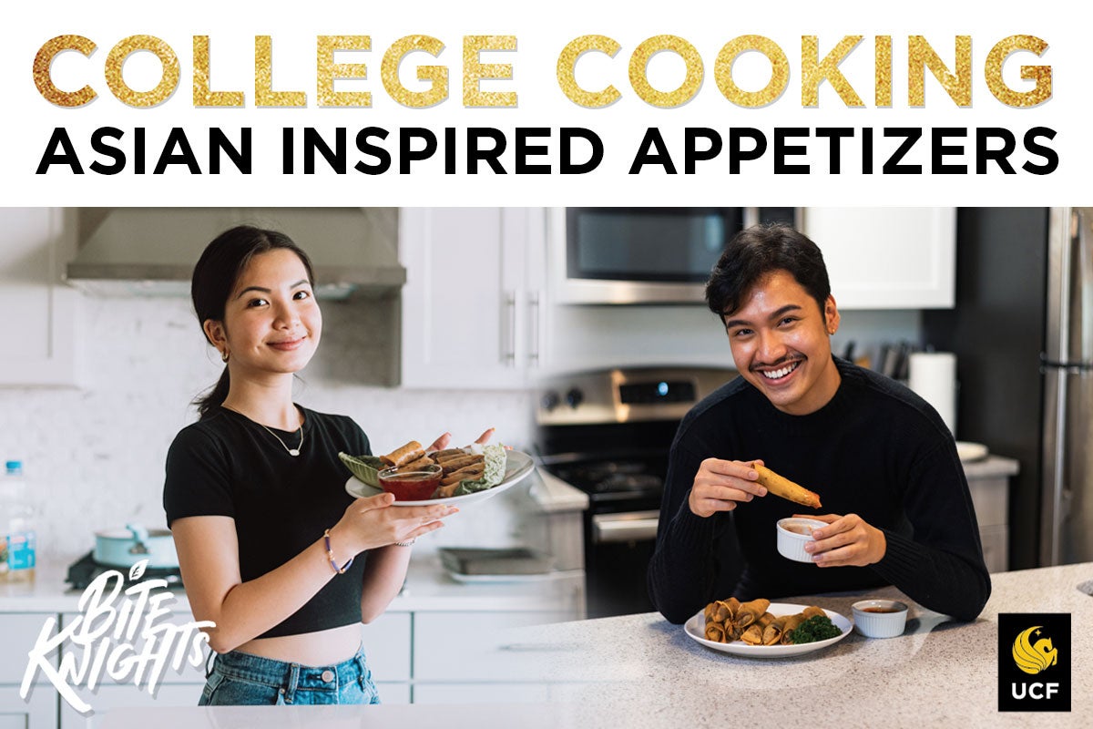 College Cooking: Asian Inspired Appetizers with two students posing in kitchens, holding plates of spring rolls