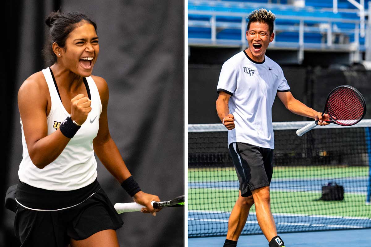 collage of two tennis players shouting in celebration