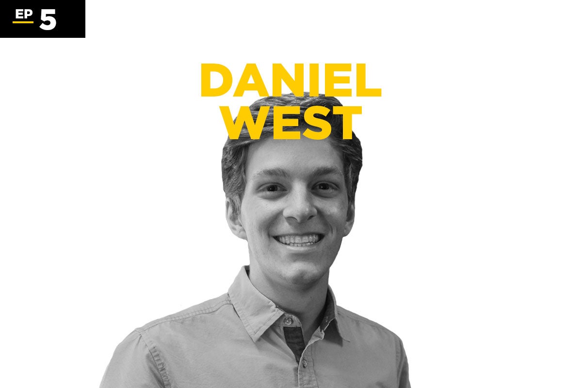 black and white photo of Daniel West with his name in gold