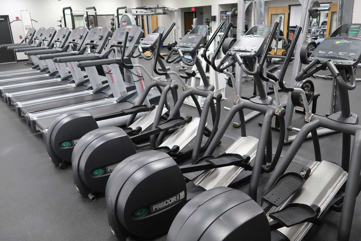 rows of elliptical and treadmill machines