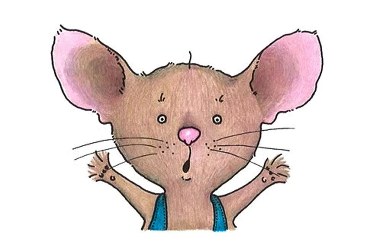 Cartoon mouse with a surprised look and arms extended