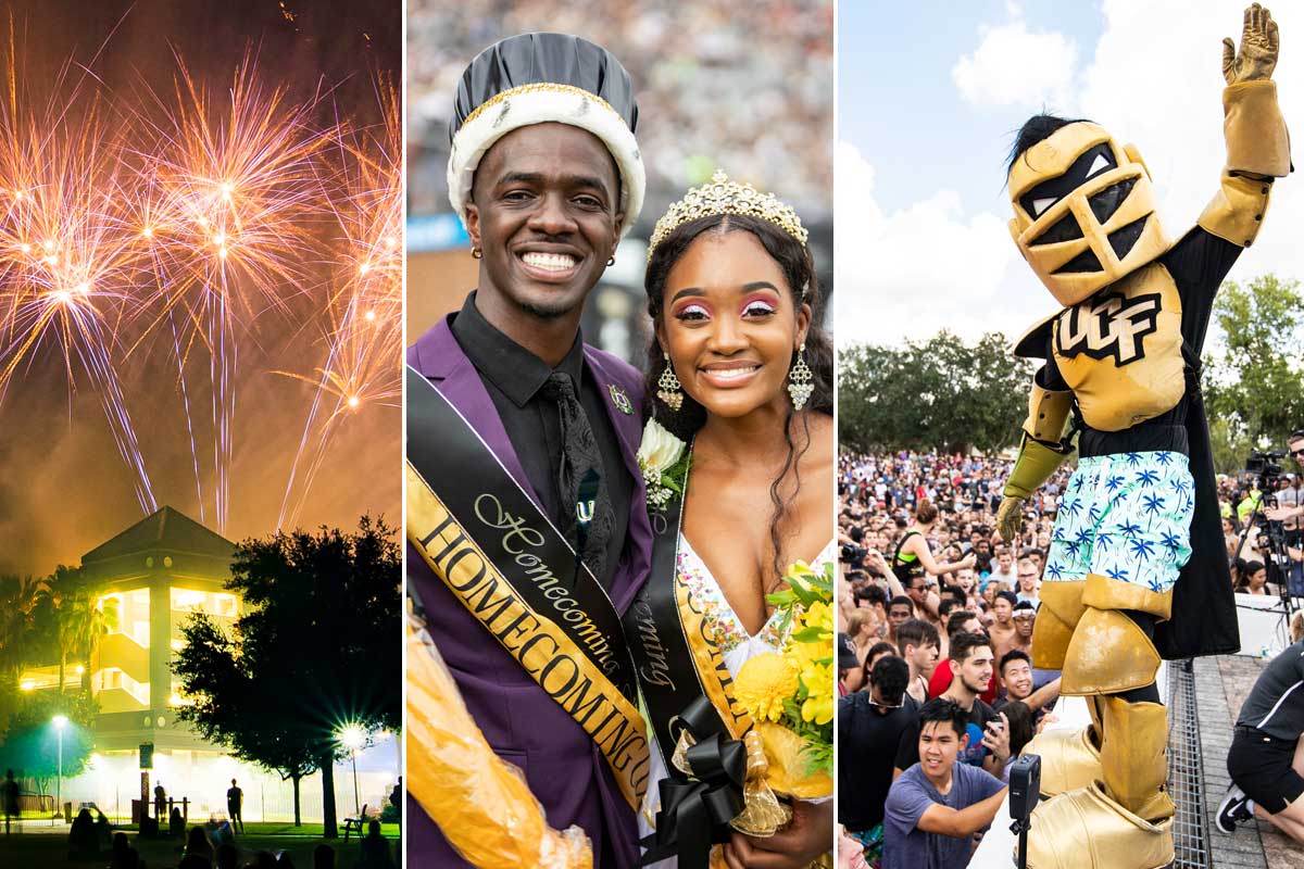 photo collage of fireworks, homecoming king and queen and Knightro at Spirit Splash