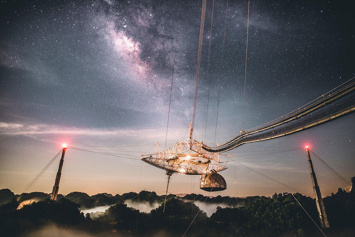 Arecibo Observatory in 2019 under canopy of stars.