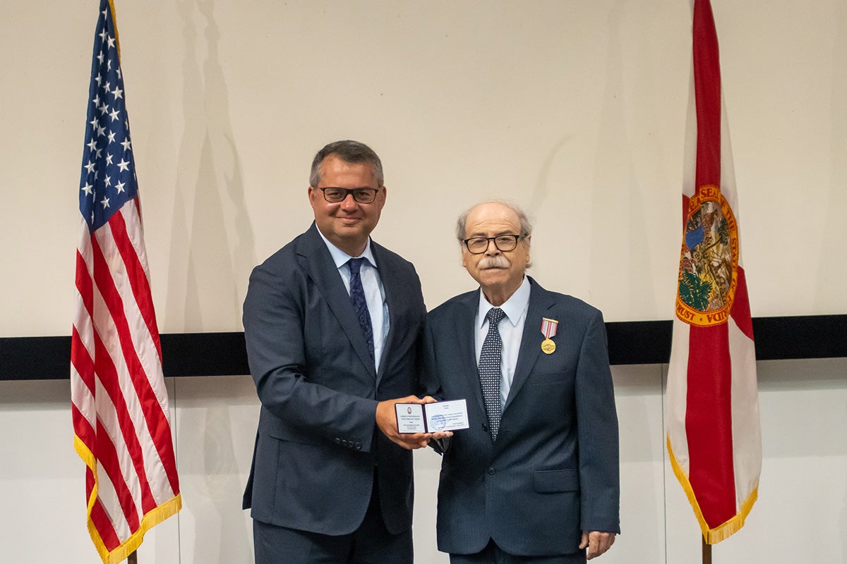 Nazim Muradov receives the Jubilee Medal from the Ambassador of the Republic of Azerbaijan, His Excellency Khazar Ibrahim