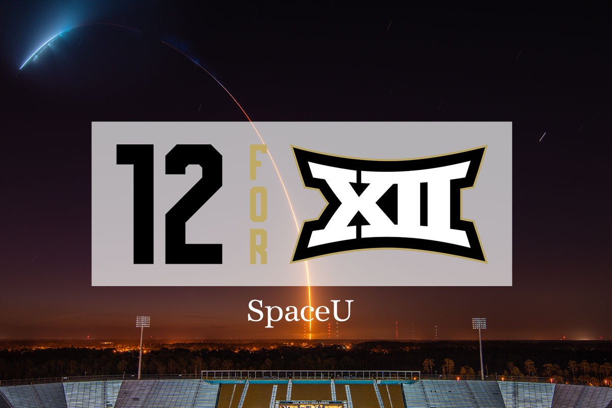 Big 12 logo and the words "SpaceU" over a photo of a rocket launch view from FBC Mortgage Stadium