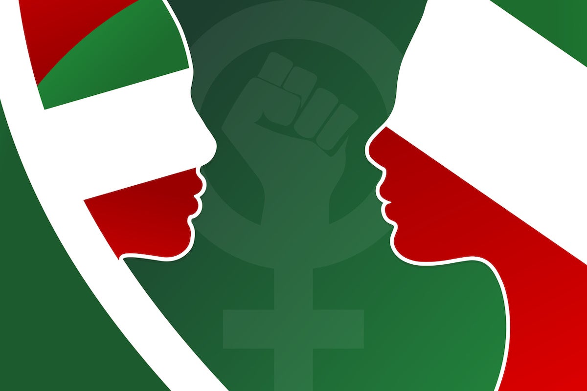 graphic of Iran flag/colors, two women wearing hijabs and the female sign with a raised fist.