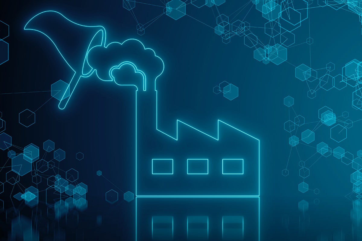 illustration of a net capturing gas emissions from the chimney of a building