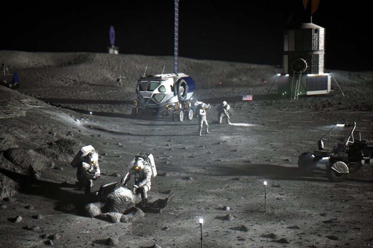 Illustration of NASA astronauts on the lunar South Pole. Credit: NASA