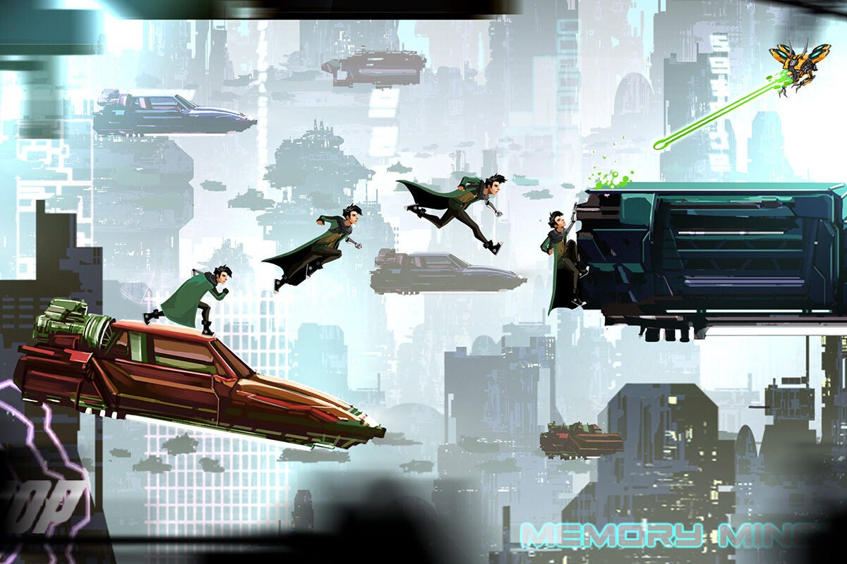a screenshot of a video game is shown where a character is running across the screen in a futuristic environment